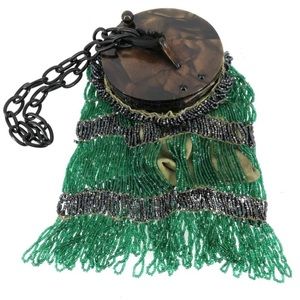 Antique Circa 1920's Art Deco Beaded Green Dance Bag Purse w/ Bakelite Top